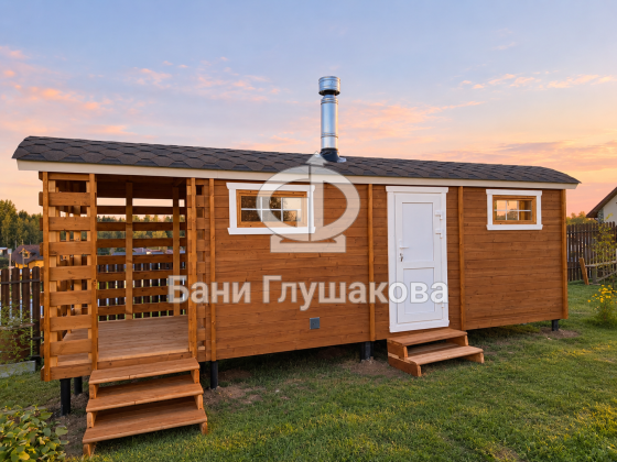 Баня «Буханочка» из бочковой термодоски с дровником 7м